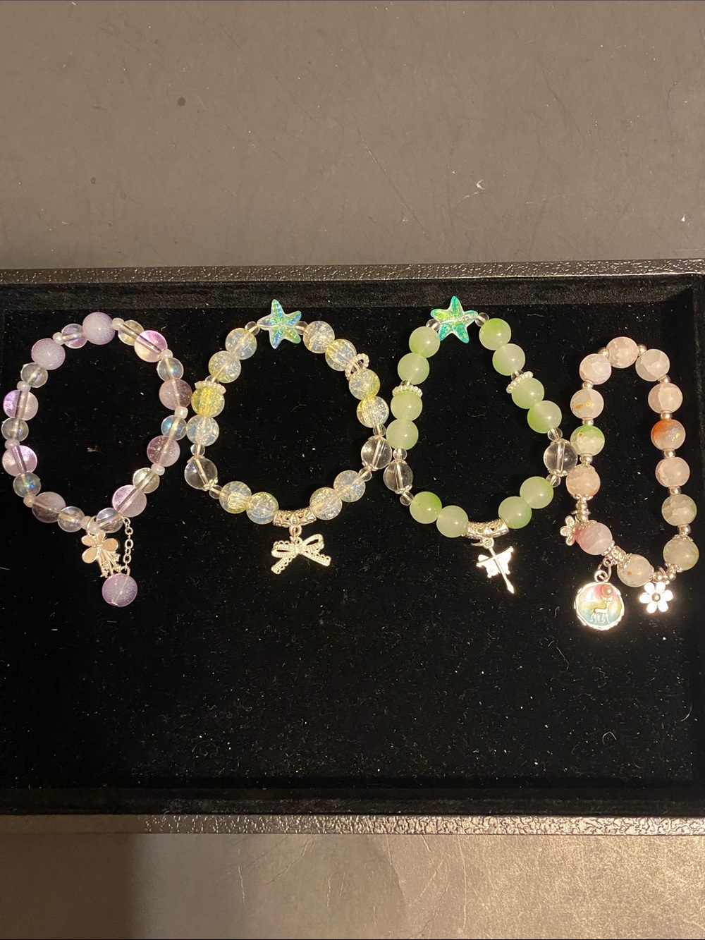 Handmade Pastel Beaded Charm Bracelet Set - Lavender, Iridescent, Green, Peach